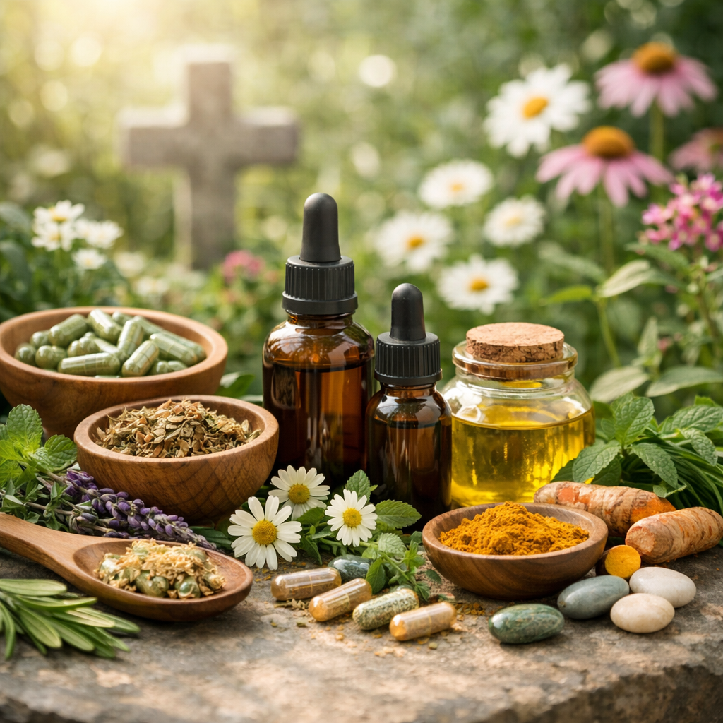 Herbs, bottles and flowers
